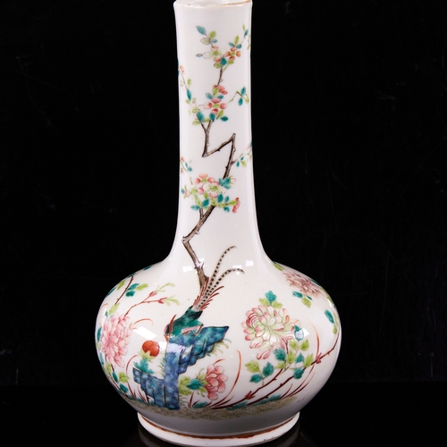 87 - A 19th century Chinese famille vert narrow-necked porcelain vase, hand painted blossom trees and bir... 
