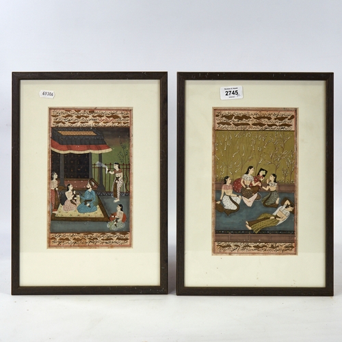 2745 - A pair of Indian/Mughal gouache paintings on paper, court scenes with text inscriptions, 10