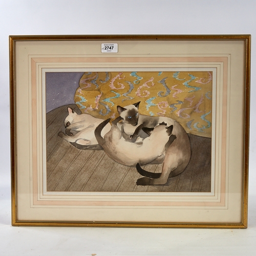 2747 - Heather Hilder, 2 watercolours, Siamese cats, 11.5