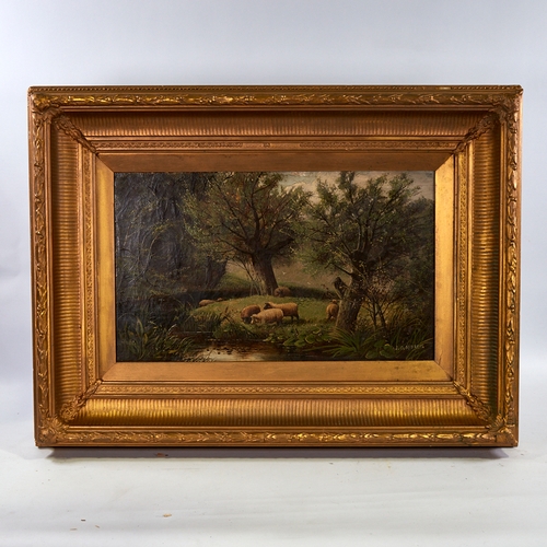 2755 - J D Morris, oil on canvas, sheep grazing, signed, 12