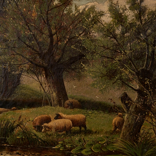 2755 - J D Morris, oil on canvas, sheep grazing, signed, 12