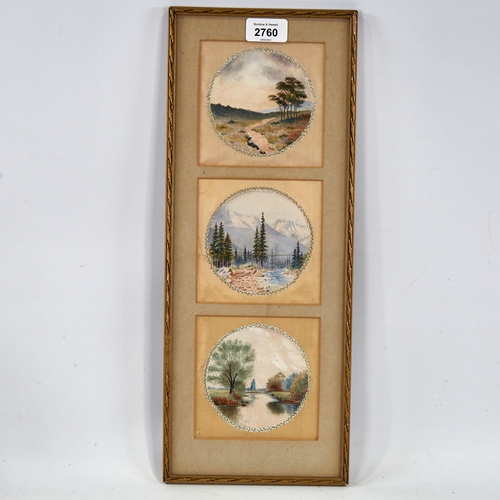 2760 - A set of 3 early 20th century miniature watercolours on silk, landscape views, unsigned, with Rowley... 