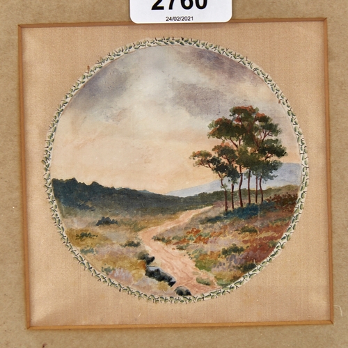 2760 - A set of 3 early 20th century miniature watercolours on silk, landscape views, unsigned, with Rowley... 