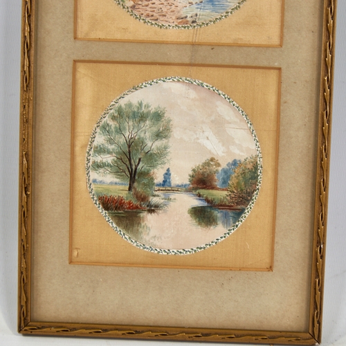 2760 - A set of 3 early 20th century miniature watercolours on silk, landscape views, unsigned, with Rowley... 