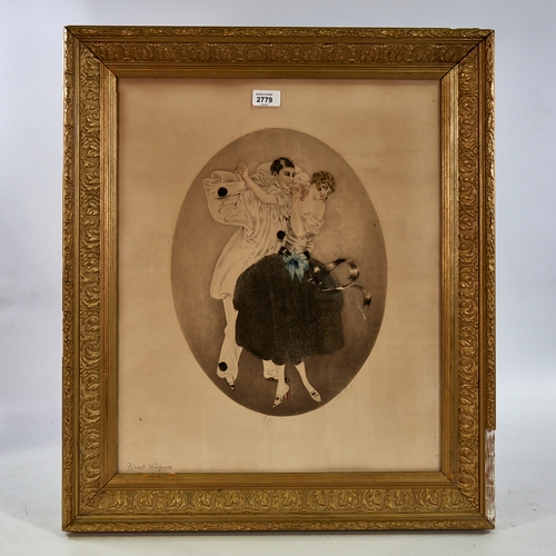 2779 - Coloured etching, circa 1920, girl with pierrot, indistinctly signed in pencil, image 15