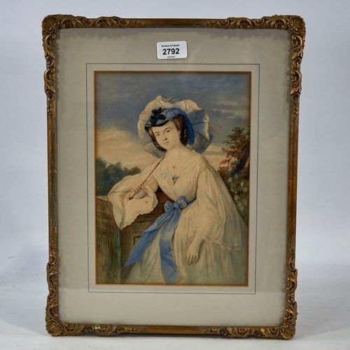 2792 - Salina Bertini?, watercolour, portrait of a lady with a parasol, inscribed Romania, signed, 11