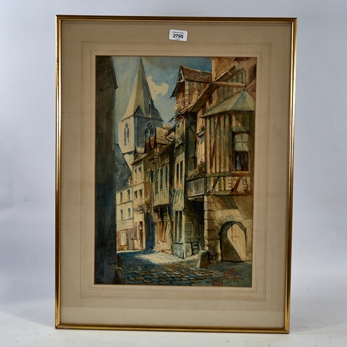 2795 - Monk, watercolour, street scene Rouen, signed with monogram, 19.5