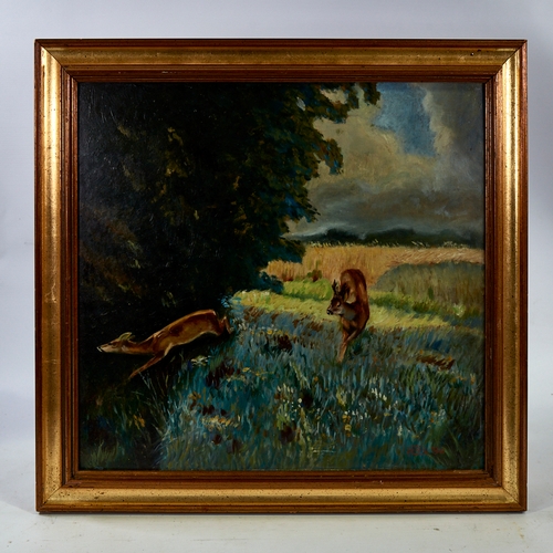 2799 - Hebein, oil on board, stag and doe at the edge of the field, signed and dated 1946, 16