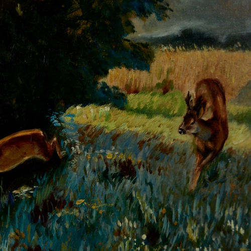 2799 - Hebein, oil on board, stag and doe at the edge of the field, signed and dated 1946, 16