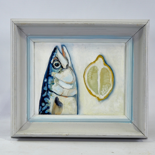 2814 - Clive Fredriksson, oil on board, mackerel with lemon, 9