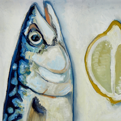 2814 - Clive Fredriksson, oil on board, mackerel with lemon, 9