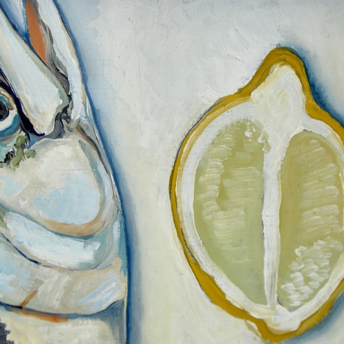 2814 - Clive Fredriksson, oil on board, mackerel with lemon, 9