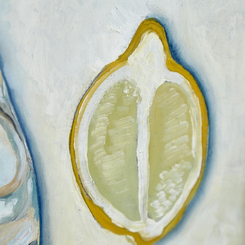 2814 - Clive Fredriksson, oil on board, mackerel with lemon, 9