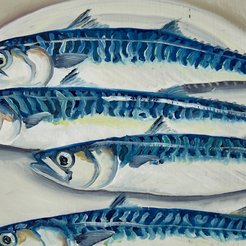 2816 - Clive Fredriksson, oil on board, mackerel on a plate, 16