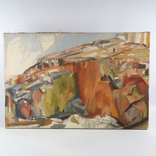 2071 - DOUGLAS EARLE, BRITISH, unfinished oil on canvas, coastal scene, label verso for London County Counc... 