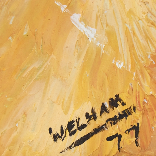 2074 - WELHAM, abstract oil on board, dated '72, labels verso for The Sunday People, Housewives Painting Co... 