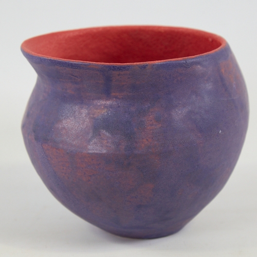 2082 - DEANA MOORE, BRITISH, hand built studio pottery vessel blue glaze with red glaze  interior and blue ... 