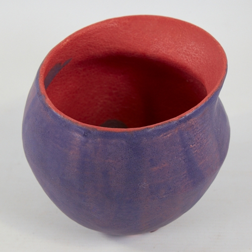 2082 - DEANA MOORE, BRITISH, hand built studio pottery vessel blue glaze with red glaze  interior and blue ... 