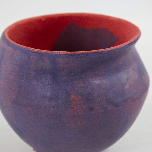 2082 - DEANA MOORE, BRITISH, hand built studio pottery vessel blue glaze with red glaze  interior and blue ... 