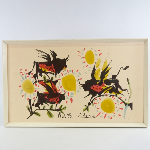 2099 - A 1950s' / 60s' print of Picasso's winged bulls, in period frame, image 36cm x 62cm.