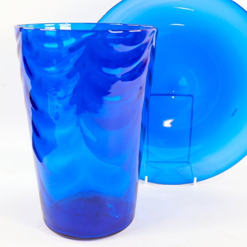 2114 - MARRIOTT POWELL FOR WHITEFRIARS, a large wave ribbed vase in sanctuary blue and plate, pre 1940, vas... 