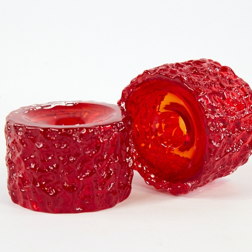 2117 - GEOFFREY BAXTER FOR WHITEFRIARS, a pair of mid century ruby glass candle holders, diameter 8cm.