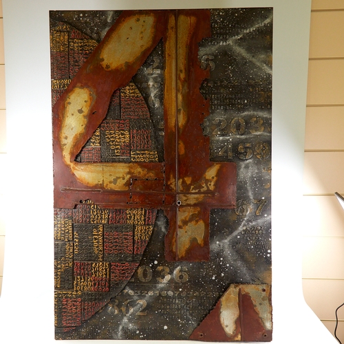 2133 - A Brutalist patinated metalwork abstract picture, 120cm x 80cm.