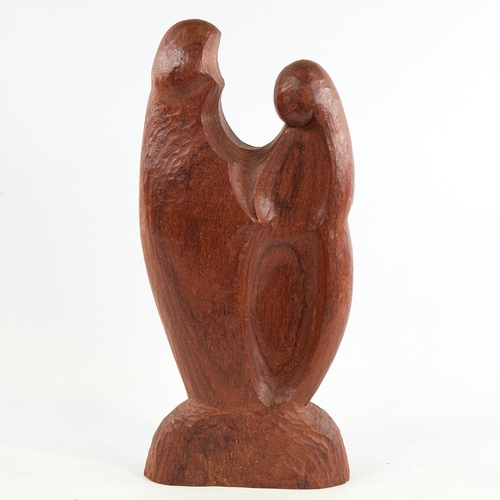 2146 - A mid-century abstract wood carving, of mother and child, height 30cm.