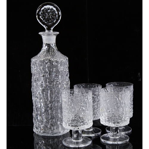 2151 - WHITEFRIARS, glacier glass cylinder decanter and 4 glasses ,decanter height 34cm.