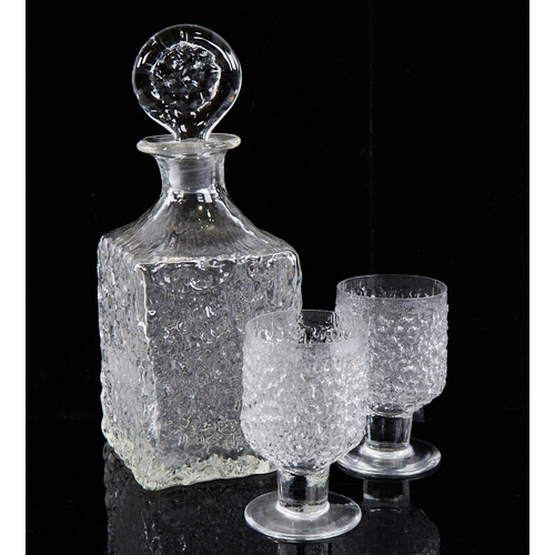 2152 - WHITEFRIARS, glacier glass, square section whisky decanter and 2 glasses, decanter height 27cm.