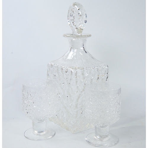 2152 - WHITEFRIARS, glacier glass, square section whisky decanter and 2 glasses, decanter height 27cm.