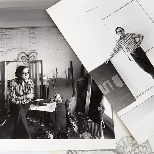 2187 - DERRY MOORE (b 1937), 2 vintage photographs of Robyn Denny in his studio and a shell sketch on heade... 