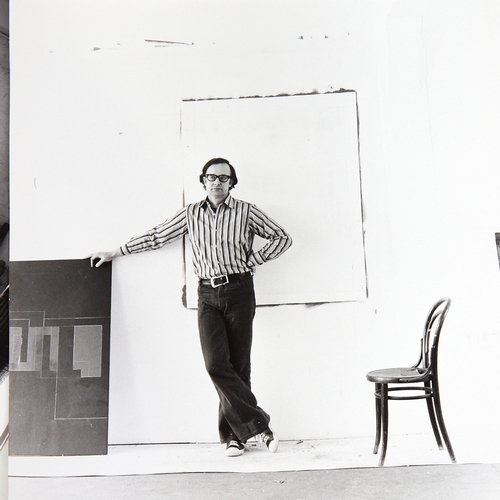 2187 - DERRY MOORE (b 1937), 2 vintage photographs of Robyn Denny in his studio and a shell sketch on heade... 