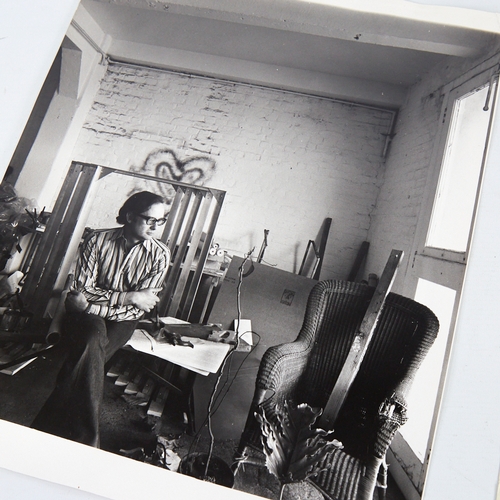 2187 - DERRY MOORE (b 1937), 2 vintage photographs of Robyn Denny in his studio and a shell sketch on heade... 