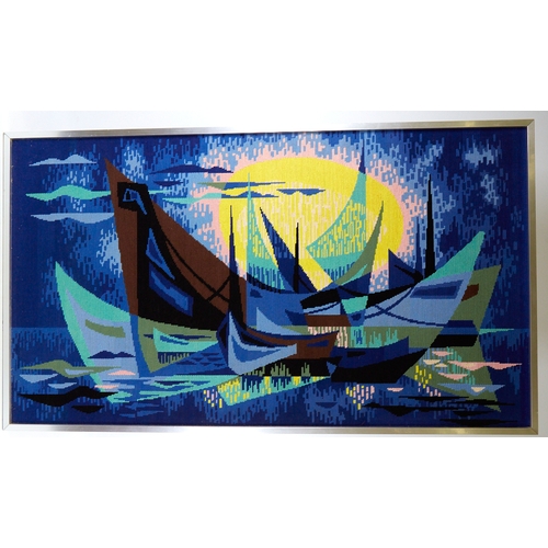 2190 - A 1960s' woolwork picture, of moored boats in original aluminium frame, 64cm 114cm.