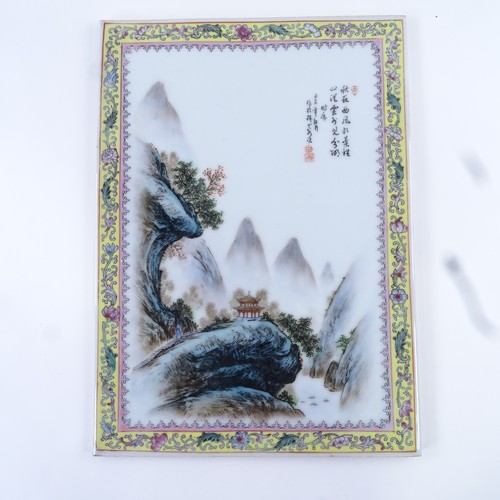 105 - A 20th century Chinese porcelain tile, with hand painted enamel decoration, 31.5cm x 23cm.