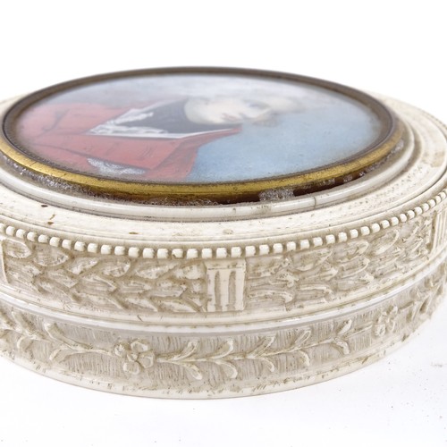 65 - ROYAL INTEREST - an early 19th century circular ivory box, with inset painted portrait on ivory depi... 