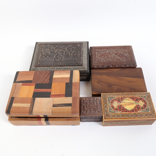 63 - Various hardwood boxes, including Vizagapatam and specimen wood examples, largest width 20cm (6)