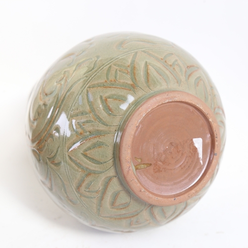 65 - A Chinese celadon crackle glaze double-gourd vase, with incised floral decoration, height 33cm