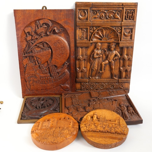 68 - A group of 6 carved hardwood and resin wall plaques, including oak shipping example, largest height ... 