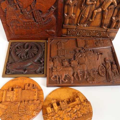 68 - A group of 6 carved hardwood and resin wall plaques, including oak shipping example, largest height ... 