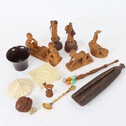 100 - Various African carved wood figures, Bakelite beaker, bobbin, novelty walnut dice case etc (boxful)