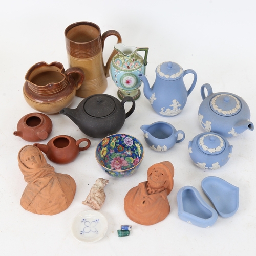 101 - Various miniature items, including Wedgwood Jasperware tea set, stoneware jug, clay teapot etc (boxf... 