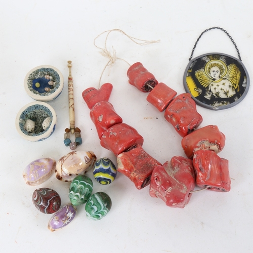 102 - A string of natural pink coral, Murano Glass eggs, carved cowrie shells etc (boxful)