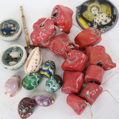 102 - A string of natural pink coral, Murano Glass eggs, carved cowrie shells etc (boxful)