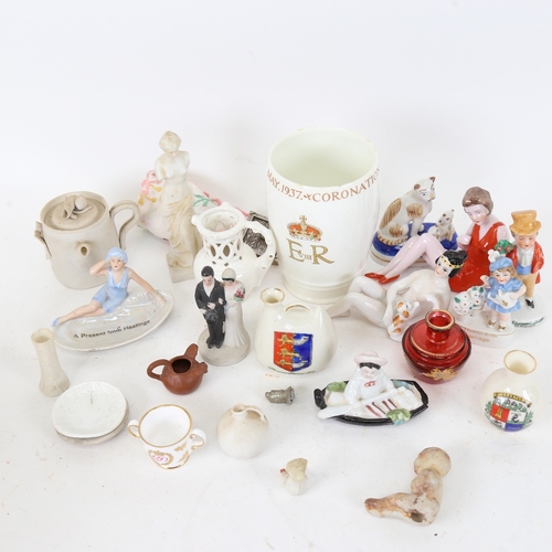 103 - Various porcelain, including glazed nude bathing doll, circa 1920, commemorative Coronation beaker, ... 