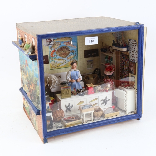 110 - A handmade diorama fishmonger's interior scene wall-hanging cabinet, W32cm, H31cm, D26cm