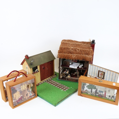 111 - A handmade thatched doll's house, a model outhouse, and 3 diorama cabinet scenes (5)