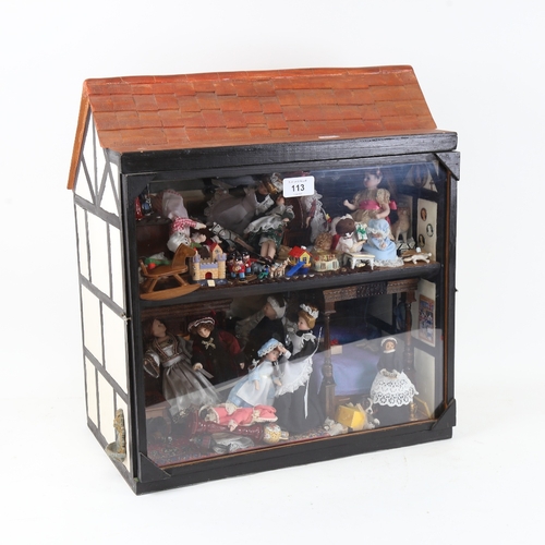 113 - A handmade doll's house interior diorama cabinet, with many fixtures and fittings, W41cm, H45cm, D25... 