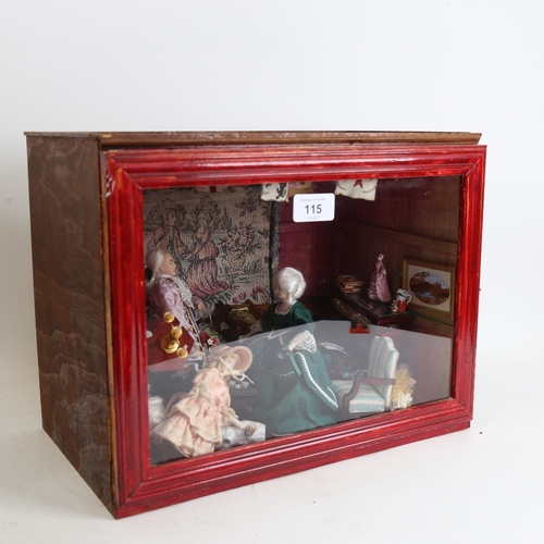 115 - A handmade doll's house interior diorama scene cabinet, with many fixtures and fittings, W35cm, H27c... 